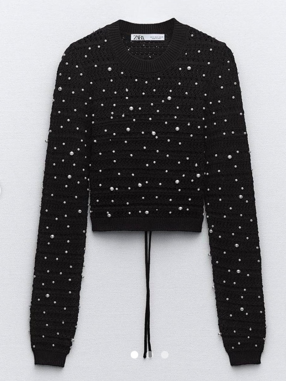 Zara Black Pearl-Studded Cropped Crewneck Sweater